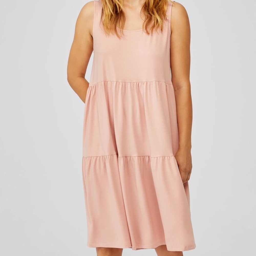 EILEEN FISHER PINK FINE JERSEY TIERED SLEEVELESS STRETCH MAXI DRESS / MEDIUM - Picture 2 of 8